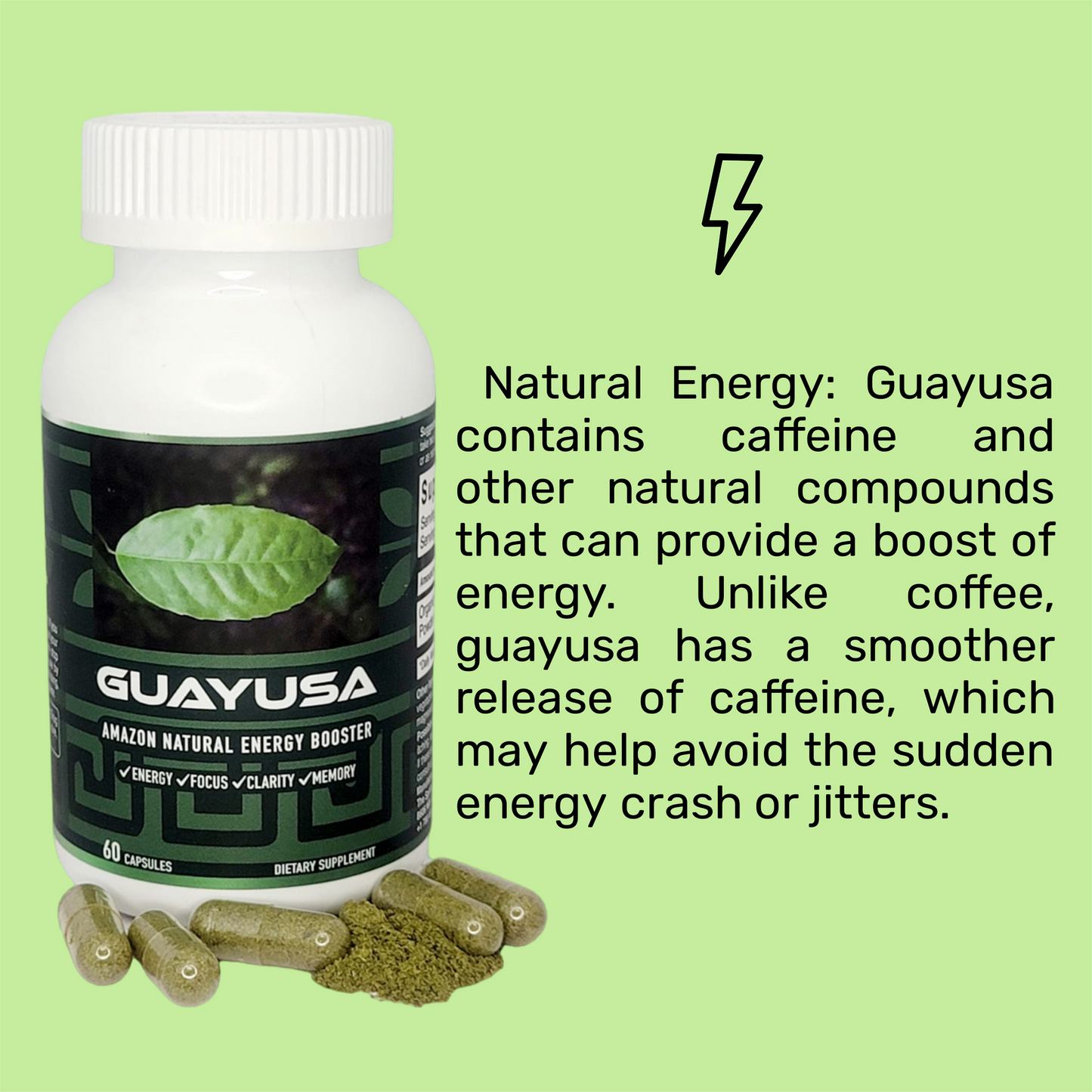 Guayusa Capsules PURE Product No Extract - Organic, Vegan, Loose Leaf Powder Capsule for Natural Energy Boost, Focus, Memory Improvement, and Stress Relief - High in Antioxidants, Caffeine Alternative