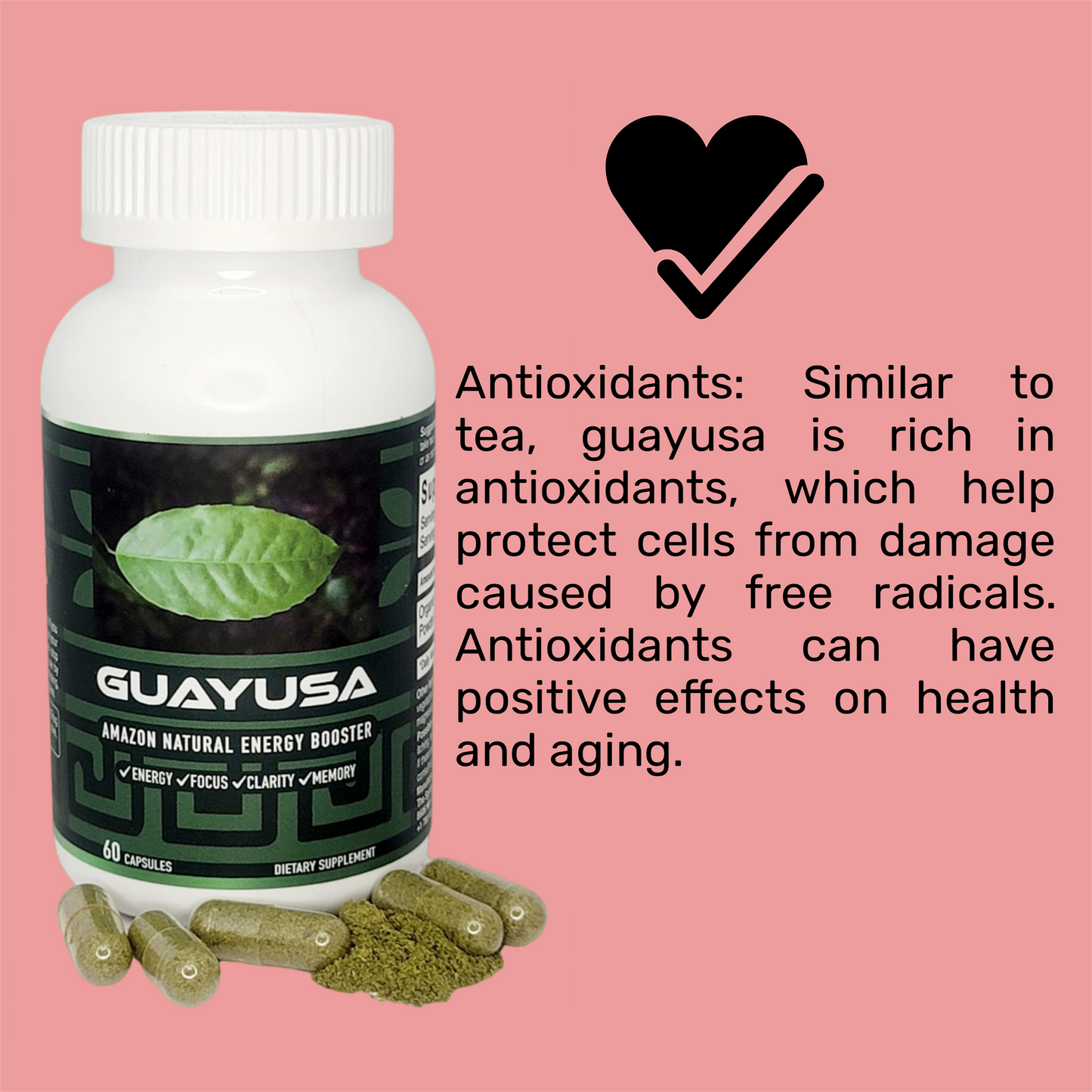 Guayusa Capsules PURE Product No Extract - Organic, Vegan, Loose Leaf Powder Capsule for Natural Energy Boost, Focus, Memory Improvement, and Stress Relief - High in Antioxidants, Caffeine Alternative