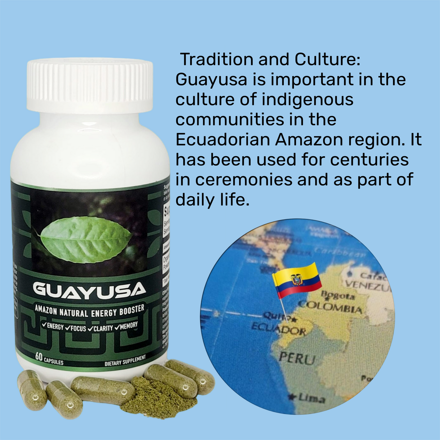 Guayusa Capsules PURE Product No Extract - Organic, Vegan, Loose Leaf Powder Capsule for Natural Energy Boost, Focus, Memory Improvement, and Stress Relief - High in Antioxidants, Caffeine Alternative