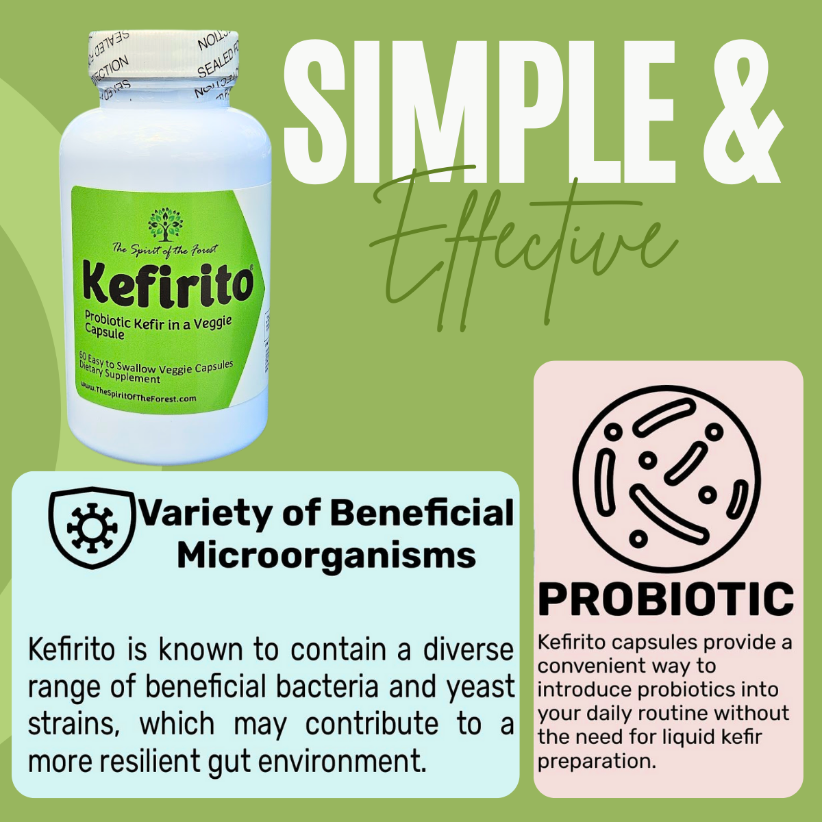 Pure Kefir Probiotic Supplement 50 Billion CFU - Kefirito 7 Strains Kefiran 60 Capsules - Probiotics For Women And Men - Digestive Enzymes Supports Akkermansia 1 Month Supply The Spirit Of The Forest