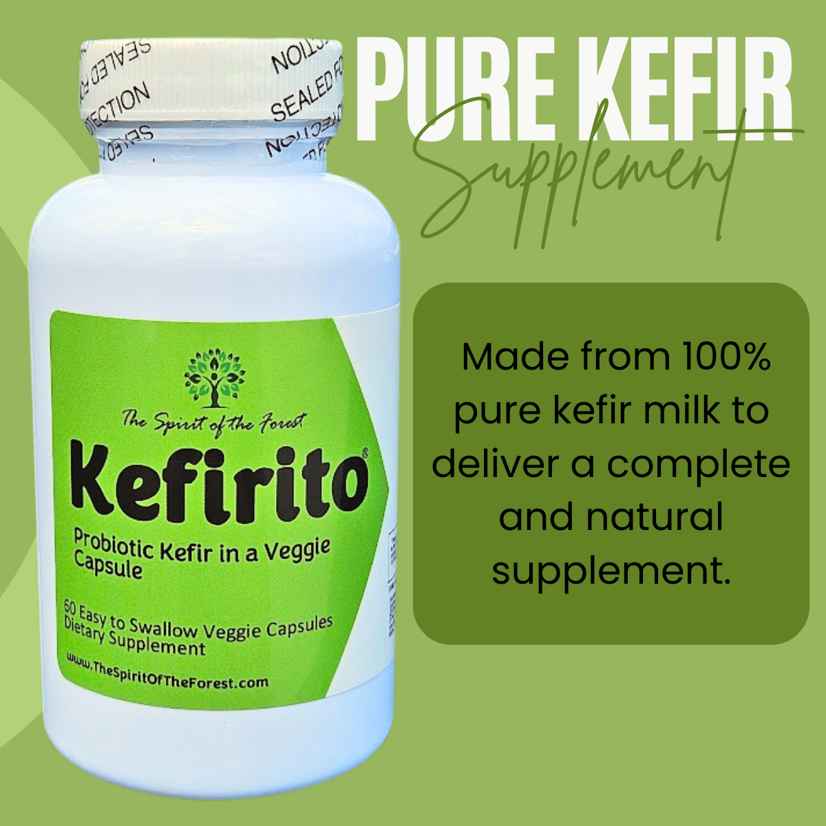 Pure Kefir Probiotic Supplement 50 Billion CFU - Kefirito 7 Strains Kefiran 60 Capsules - Probiotics For Women And Men - Digestive Enzymes Supports Akkermansia 1 Month Supply The Spirit Of The Forest