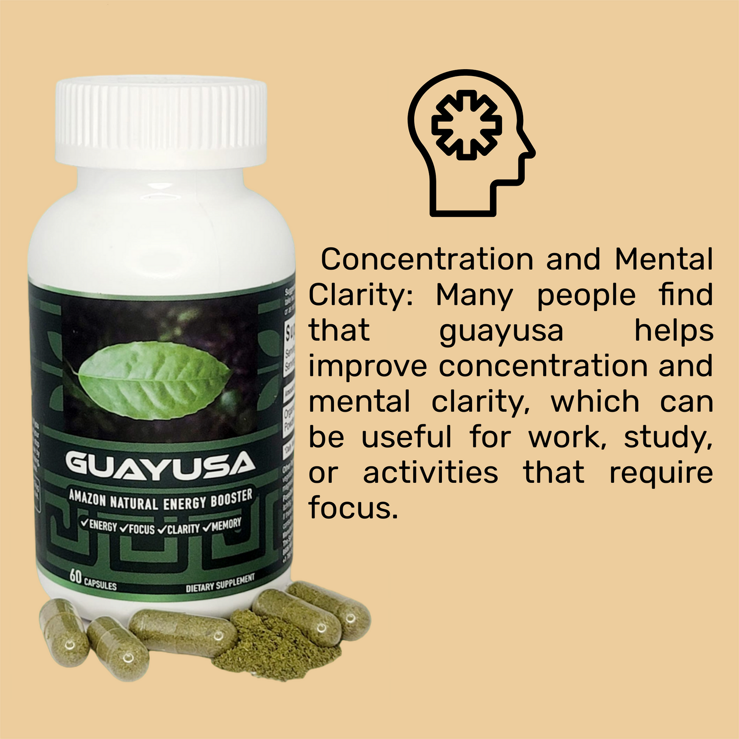 Guayusa Capsules PURE Product No Extract - Organic, Vegan, Loose Leaf Powder Capsule for Natural Energy Boost, Focus, Memory Improvement, and Stress Relief - High in Antioxidants, Caffeine Alternative
