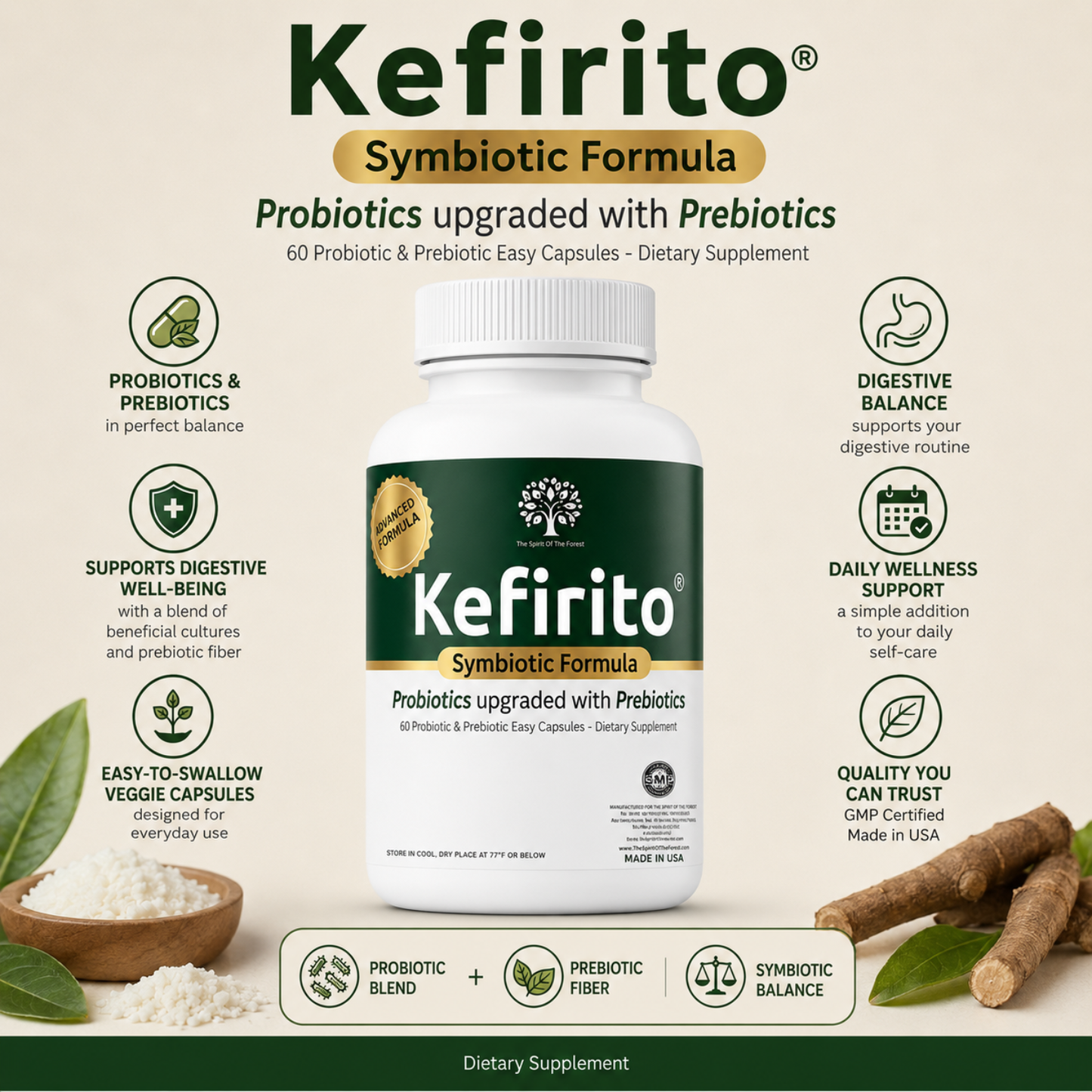 Kefirito Advanced Symbiotic Formula - Probiotic & Prebiotic Kefirito Probiotic + Prebiotic Supplement - 20 Billion CFU Advanced Digestive Support