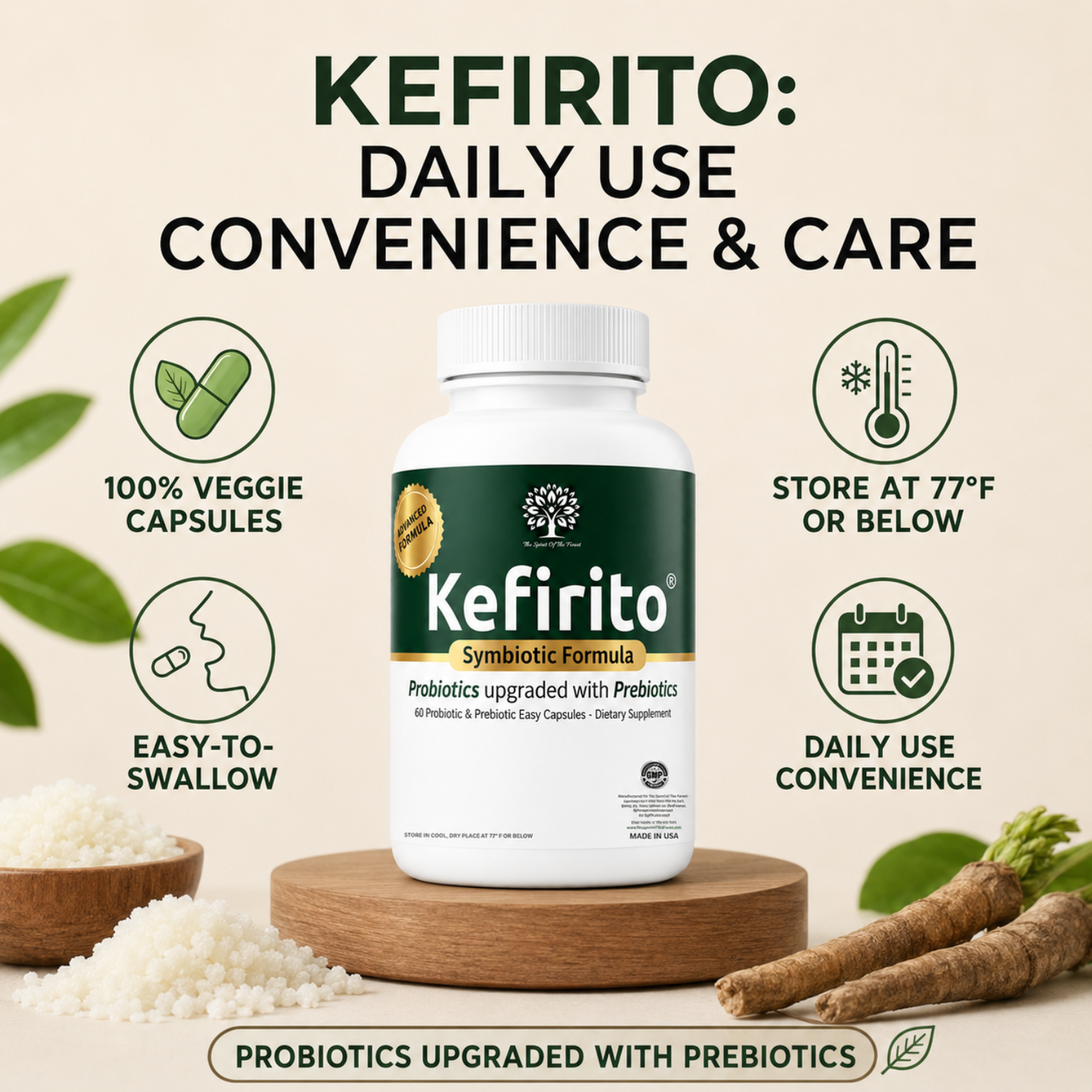 Kefirito Advanced Symbiotic Formula - Probiotic & Prebiotic Kefirito Probiotic + Prebiotic Supplement - 20 Billion CFU Advanced Digestive Support