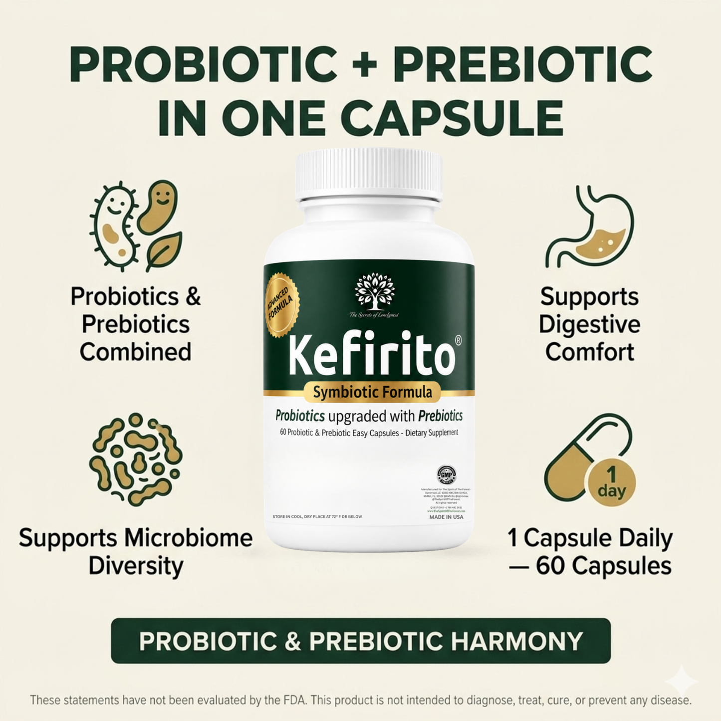 Kefirito Advanced Symbiotic Formula - Probiotic & Prebiotic Kefirito Probiotic + Prebiotic Supplement - 20 Billion CFU Advanced Digestive Support