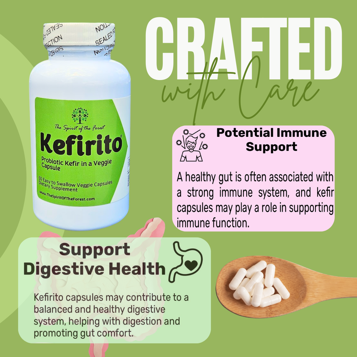 Pure Kefir Probiotic Supplement 50 Billion CFU - Kefirito 7 Strains Kefiran 60 Capsules - Probiotics For Women And Men - Digestive Enzymes Supports Akkermansia 1 Month Supply The Spirit Of The Forest
