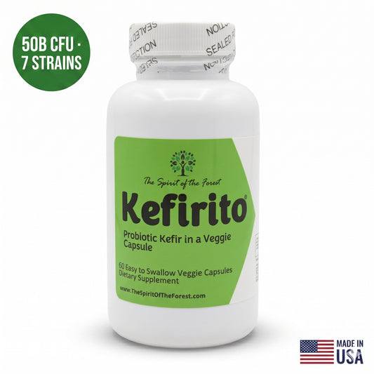 Pure Kefir Probiotic Supplement 50 Billion CFU - Kefirito 7 Strains Kefiran 60 Capsules - Probiotics For Women And Men - Digestive Enzymes Supports Akkermansia 1 Month Supply The Spirit Of The Forest